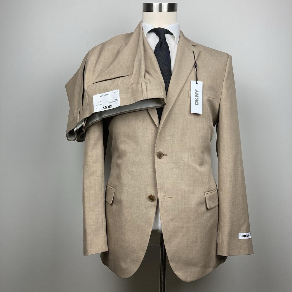 DKNY Mens Modern fit 2 Piece Suit 46L 39Wx32L Tan Beige Stretch